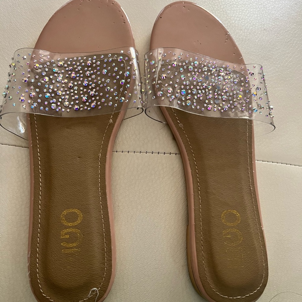 Women's Clear Flat Sandals With Rhinestone Transparent Summer Slide Size 7
